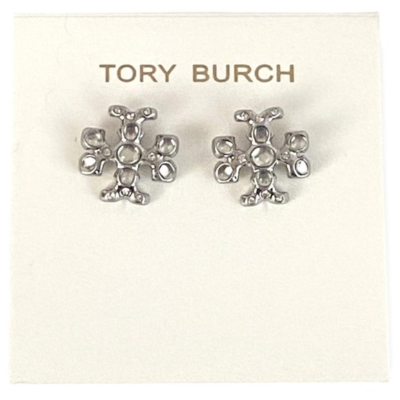 NEW Roxanne Silvertone Resin & Crystal T-Logo Stud Earrings - Picture 5 of 5